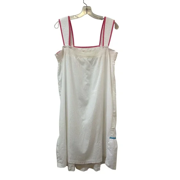 Vintage White Smocked House Dress Nightgown Pink Blue Trim Pockets USA Small - Picture 2 of 6